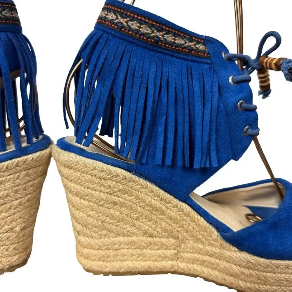 Miim Opava Blue Suede Leather Wedge Espadrille Fringe Sandals Shoes Platform 8